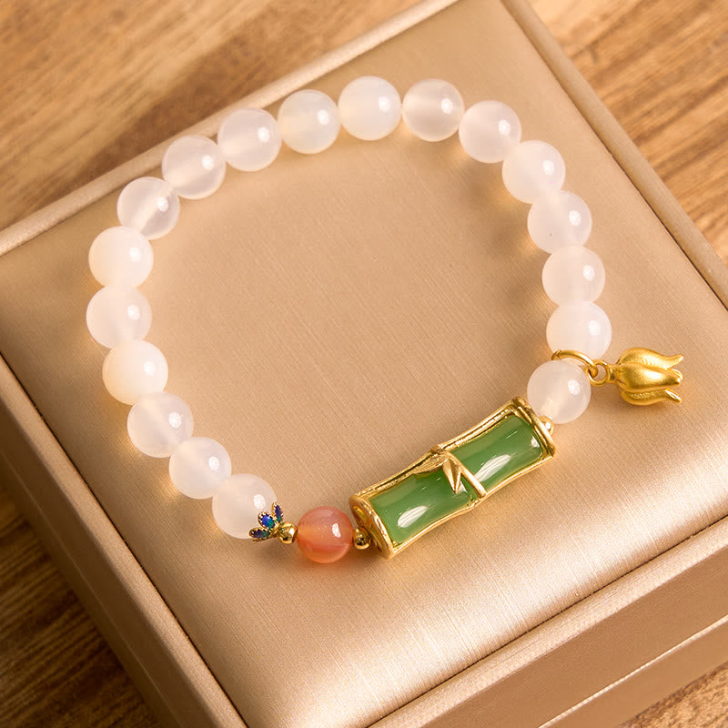 Buddha Stones天然白瑪瑙 翡翠 竹ビーズ ポジティブブレスレット