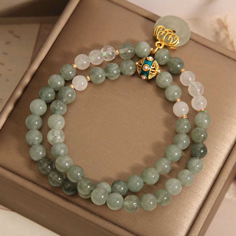 Buddha Stonesグリーンアベンチュリン ピースバックルチャーム 幸運 ダブルラップブレスレット