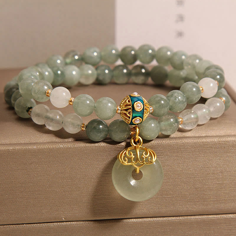 Buddha Stonesグリーンアベンチュリン ピースバックルチャーム 幸運 ダブルラップブレスレット