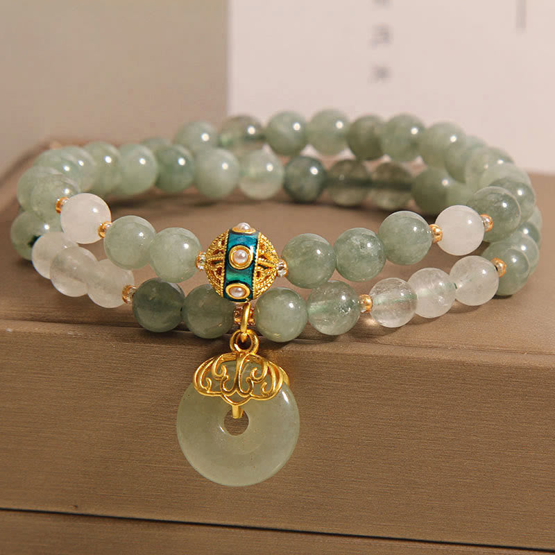 Buddha Stonesグリーンアベンチュリン ピースバックルチャーム 幸運 ダブルラップブレスレット