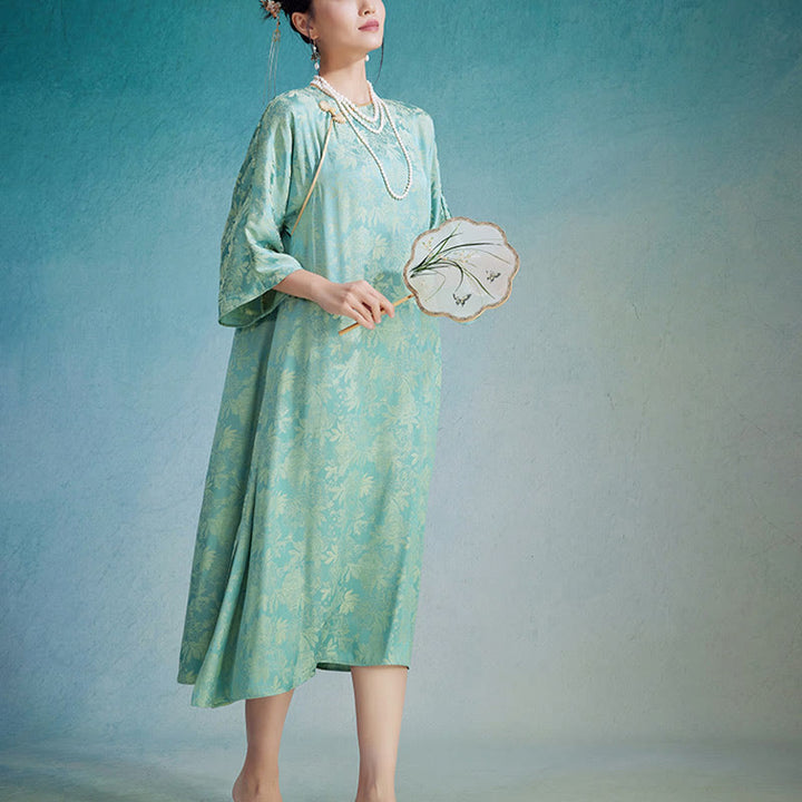 Buddha Stones小花葉ジャカード中国チャイナドレス チーパオ ミディドレス ポケット付き - image 5