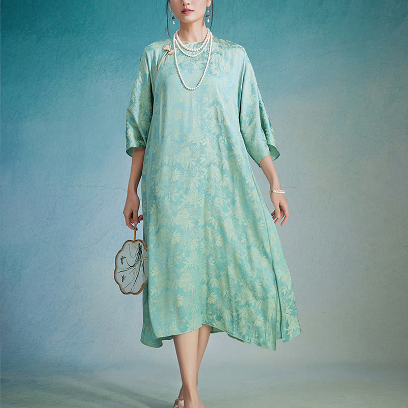 Buddha Stones小花葉ジャカード中国チャイナドレス チーパオ ミディドレス ポケット付き - image 1