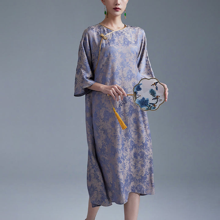 Buddha Stones小花葉ジャカード中国チャイナドレス チーパオ ミディドレス ポケット付き - ダークパープル - US12、 UK/AU16、 EU44 (XL) - image 10