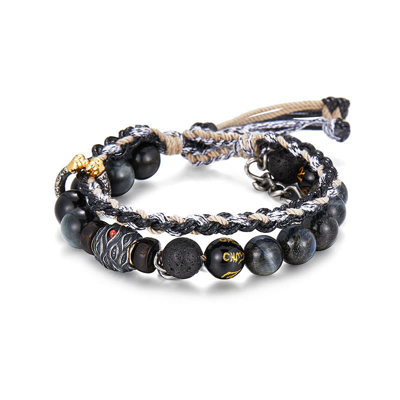 Buddha Stones925スターリングシルバー 溶岩石 イーグルアイストーン ラッキービーズ ハンドメイド ヒーリングブレスレット