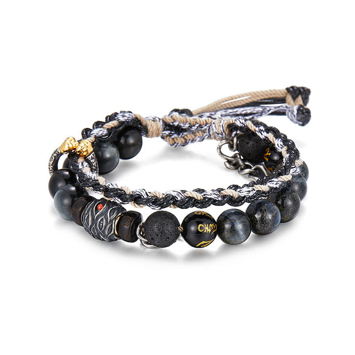 Buddha Stones925スターリングシルバー 溶岩石 イーグルアイストーン ラッキービーズ ハンドメイド ヒーリングブレスレット