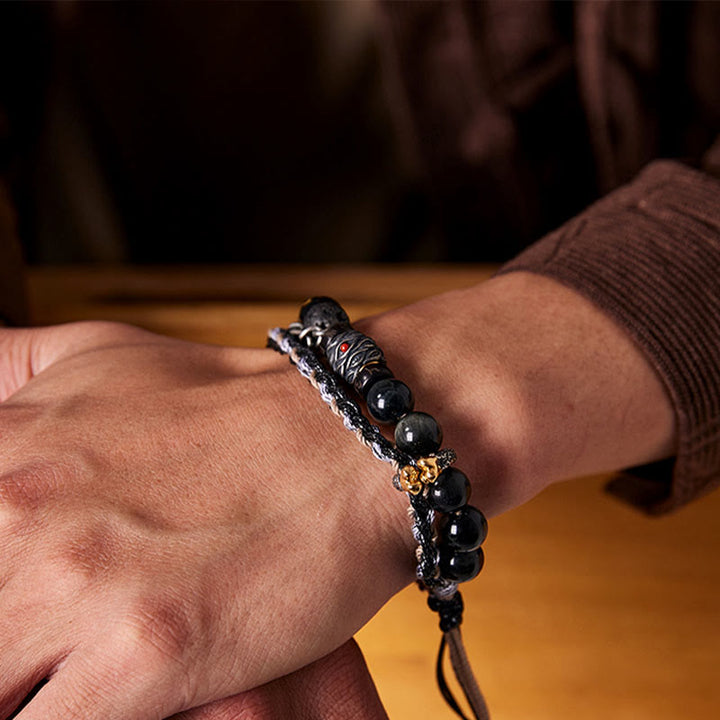 Buddha Stones925スターリングシルバー 溶岩石 イーグルアイストーン ラッキービーズ ハンドメイド ヒーリングブレスレット