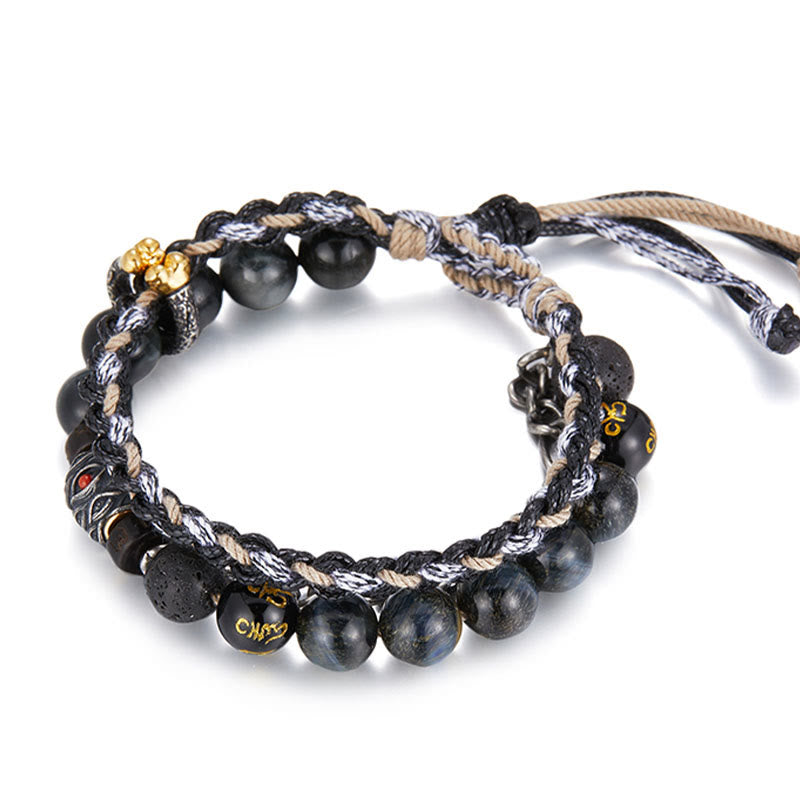 Buddha Stones925スターリングシルバー 溶岩石 イーグルアイストーン ラッキービーズ ハンドメイド ヒーリングブレスレット