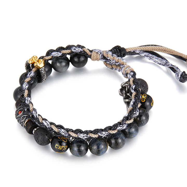 Buddha Stones925スターリングシルバー 溶岩石 イーグルアイストーン ラッキービーズ ハンドメイド ヒーリングブレスレット