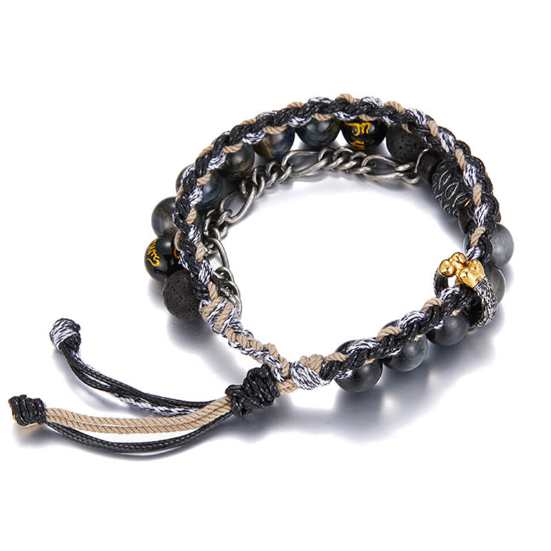 Buddha Stones925スターリングシルバー 溶岩石 イーグルアイストーン ラッキービーズ ハンドメイド ヒーリングブレスレット