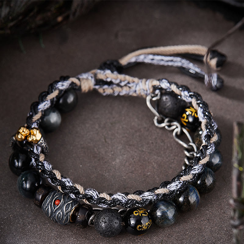 Buddha Stones925スターリングシルバー 溶岩石 イーグルアイストーン ラッキービーズ ハンドメイド ヒーリングブレスレット