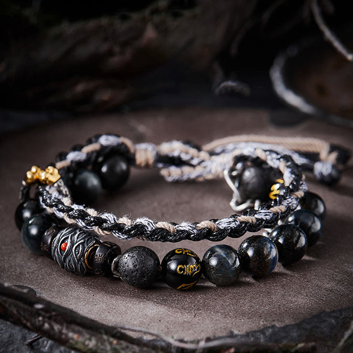 Buddha Stones925スターリングシルバー 溶岩石 イーグルアイストーン ラッキービーズ ハンドメイド ヒーリングブレスレット