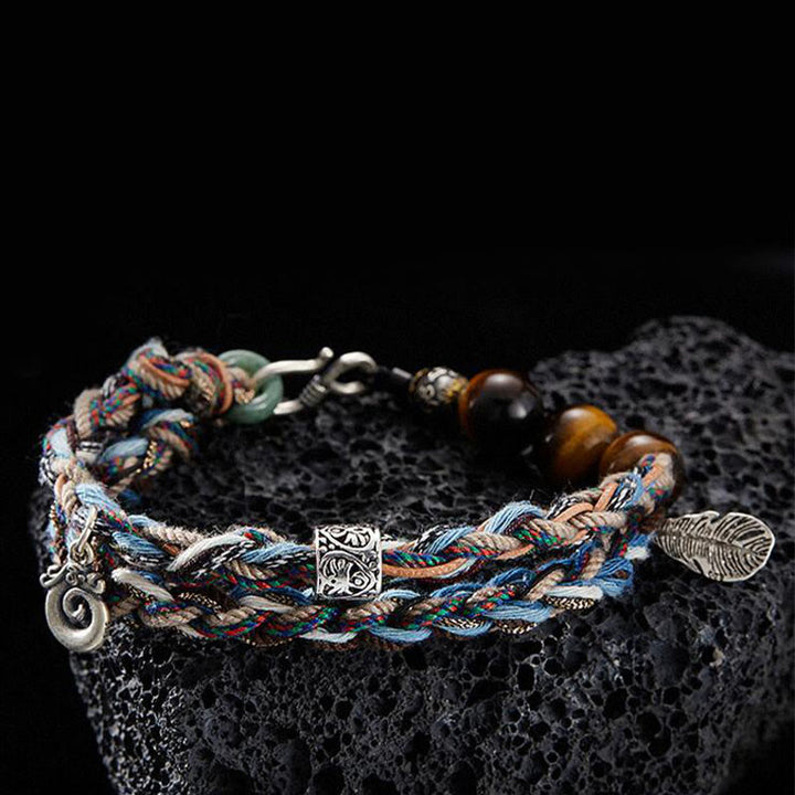 Buddha Stones925スターリングシルバー タイガーアイ カラフルコットンロープ ハンドメイド 意志の力ブレスレット