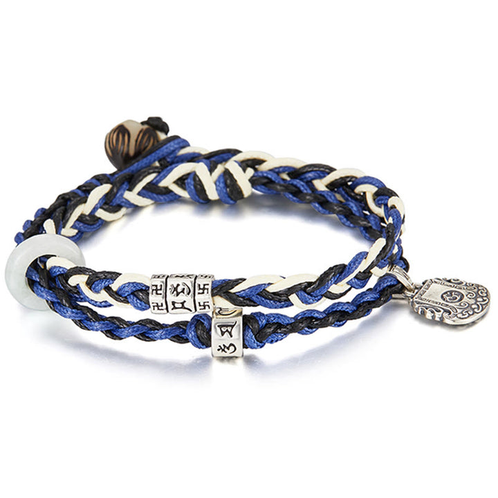 Buddha Stones925スターリングシルバーオーム・マニ・パドメ・フムスワスティカ ハンドメイド守護ブレスレット