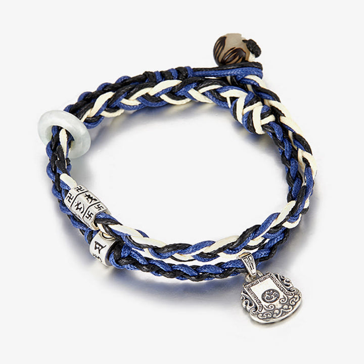 Buddha Stones925スターリングシルバーオーム・マニ・パドメ・フムスワスティカ ハンドメイド守護ブレスレット