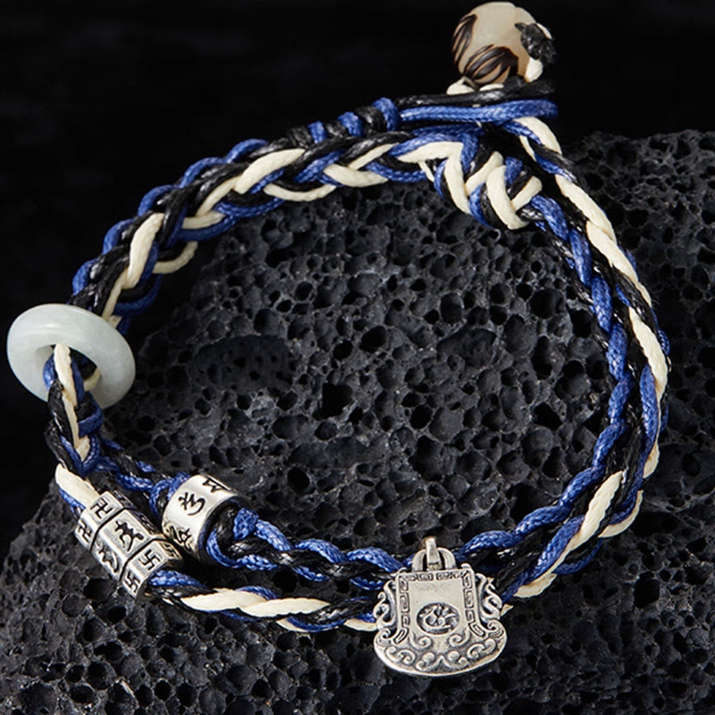 Buddha Stones925スターリングシルバーオーム・マニ・パドメ・フムスワスティカ ハンドメイド守護ブレスレット