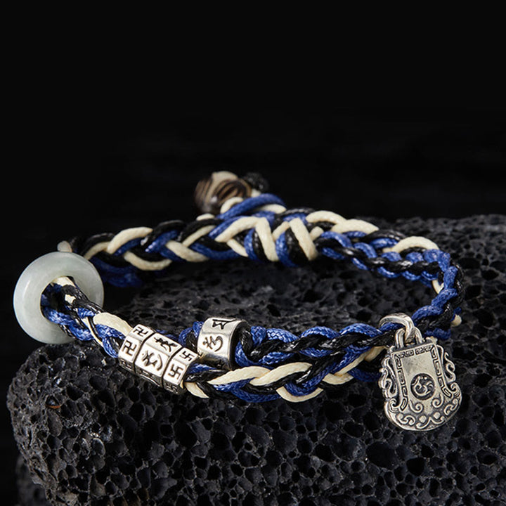Buddha Stones925スターリングシルバーオーム・マニ・パドメ・フムスワスティカ ハンドメイド守護ブレスレット