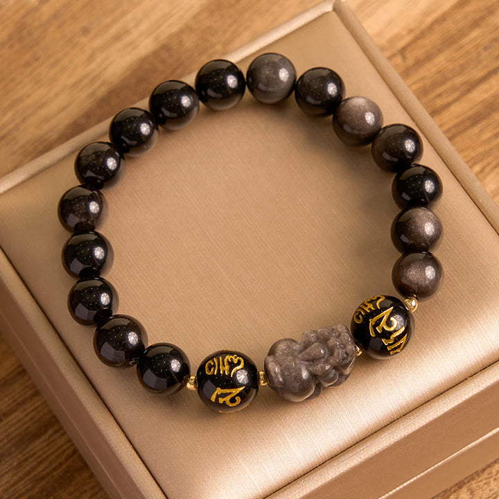 Buddha Stones天然銀光沢黒曜石 黒曜石オーム・マニ・パドメ・フムPiXiu守護ブレスレット