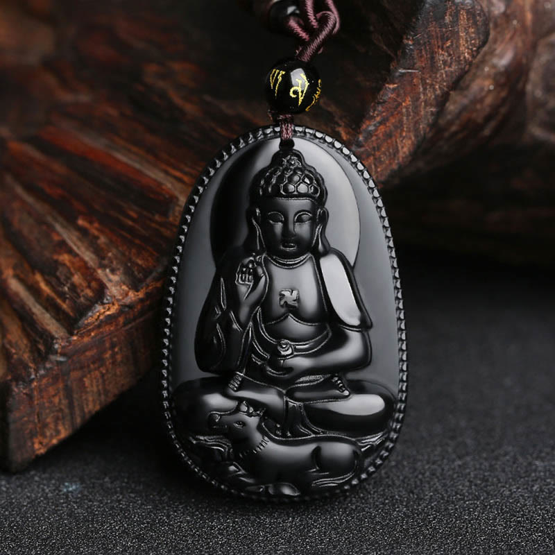 Buddha Stones中国の十二支 出生仏 天然黒曜石 浄化ネックレス ペンダント