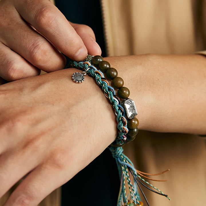 Buddha Stones925スターリングシルバー グリーンサンダルウッド 菩提樹 ハンドメイド ポジティブブレスレット
