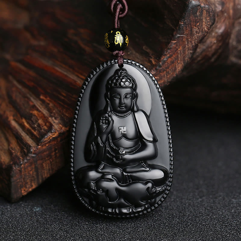Buddha Stones中国の十二支 出生仏 天然黒曜石 浄化ネックレス ペンダント