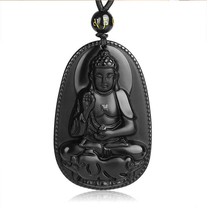 Buddha Stones中国の十二支 出生仏 天然黒曜石 浄化ネックレス ペンダント