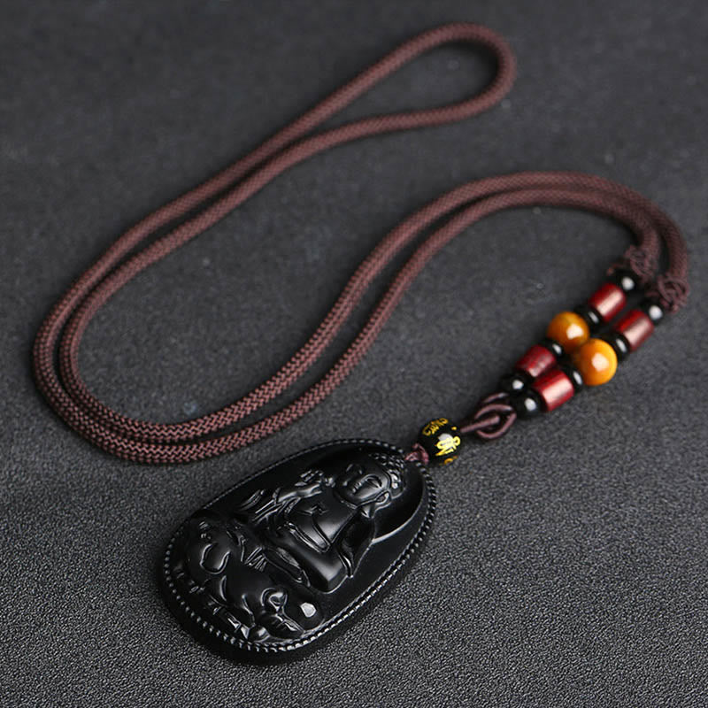 Buddha Stones中国の十二支 出生仏 天然黒曜石 浄化ネックレス ペンダント