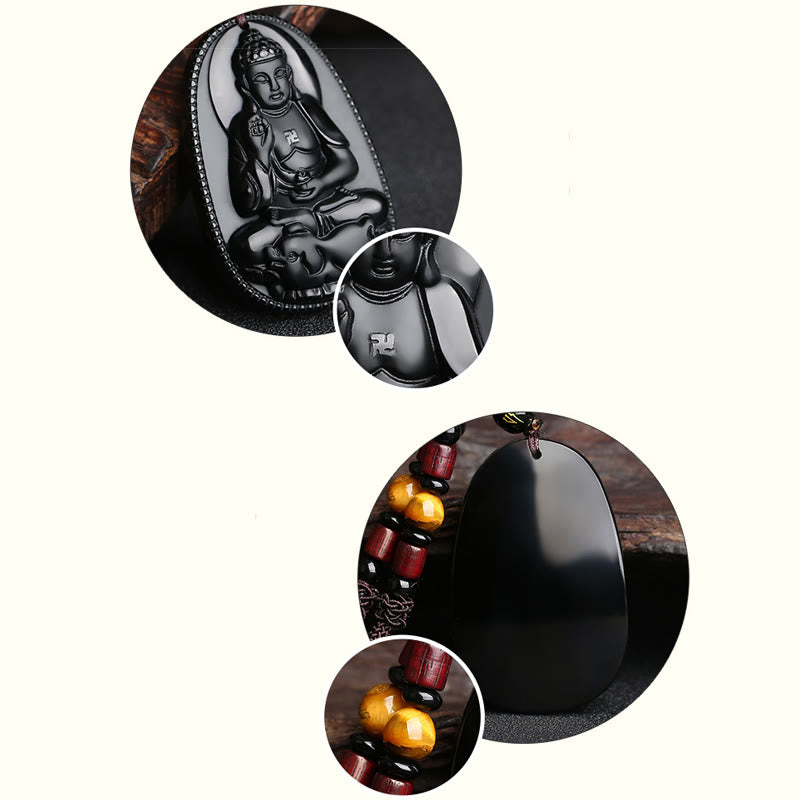 Buddha Stones中国の十二支 出生仏 天然黒曜石 浄化ネックレス ペンダント