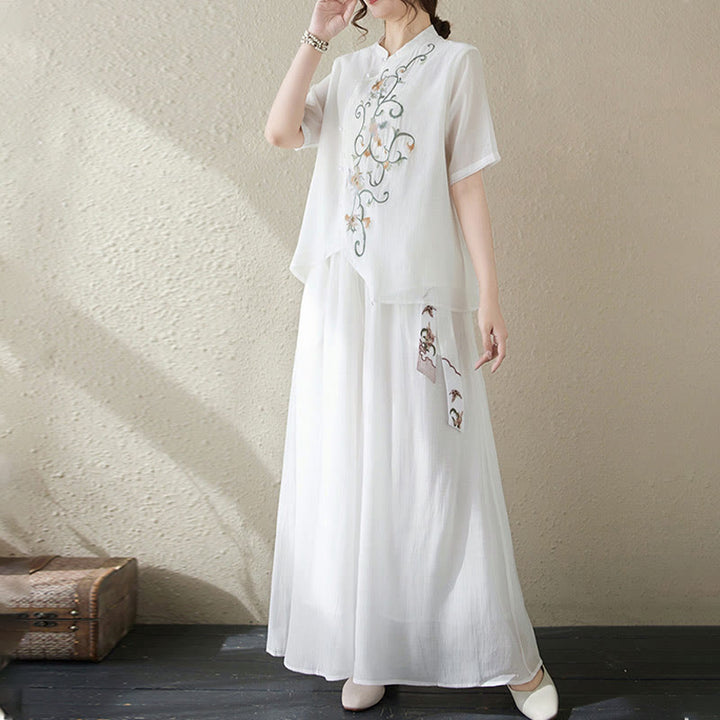 Buddha Stonesフラワー刺繍半袖Tシャツ ワイドレッグパンツ 2点セット