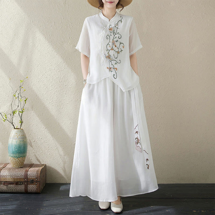 Buddha Stonesフラワー刺繍半袖Tシャツ ワイドレッグパンツ 2点セット