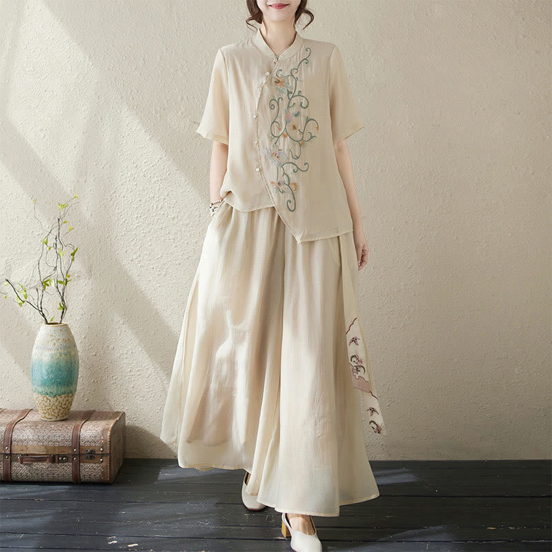 Buddha Stonesフラワー刺繍半袖Tシャツ ワイドレッグパンツ 2点セット