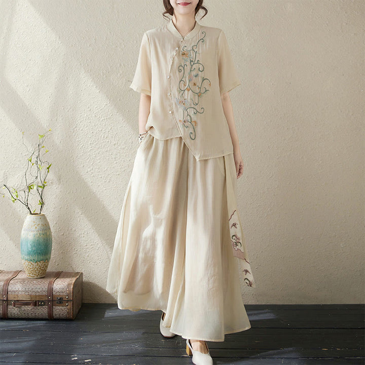 Buddha Stonesフラワー刺繍半袖Tシャツ ワイドレッグパンツ 2点セット