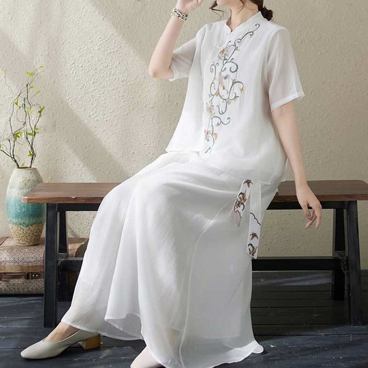 Buddha Stonesフラワー刺繍半袖Tシャツ ワイドレッグパンツ 2点セット