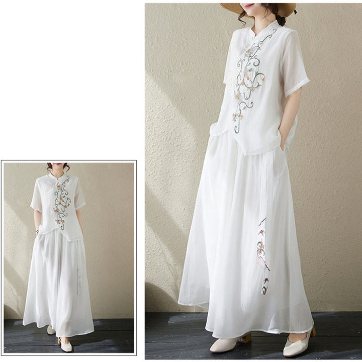 Buddha Stonesフラワー刺繍半袖Tシャツ ワイドレッグパンツ 2点セット