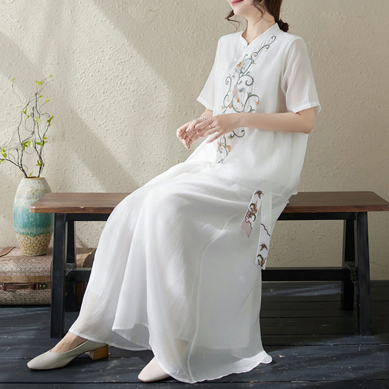 Buddha Stonesフラワー刺繍半袖Tシャツ ワイドレッグパンツ 2点セット