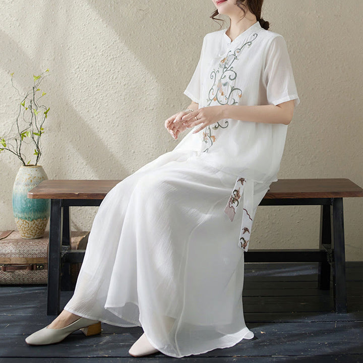 Buddha Stonesフラワー刺繍半袖Tシャツ ワイドレッグパンツ 2点セット