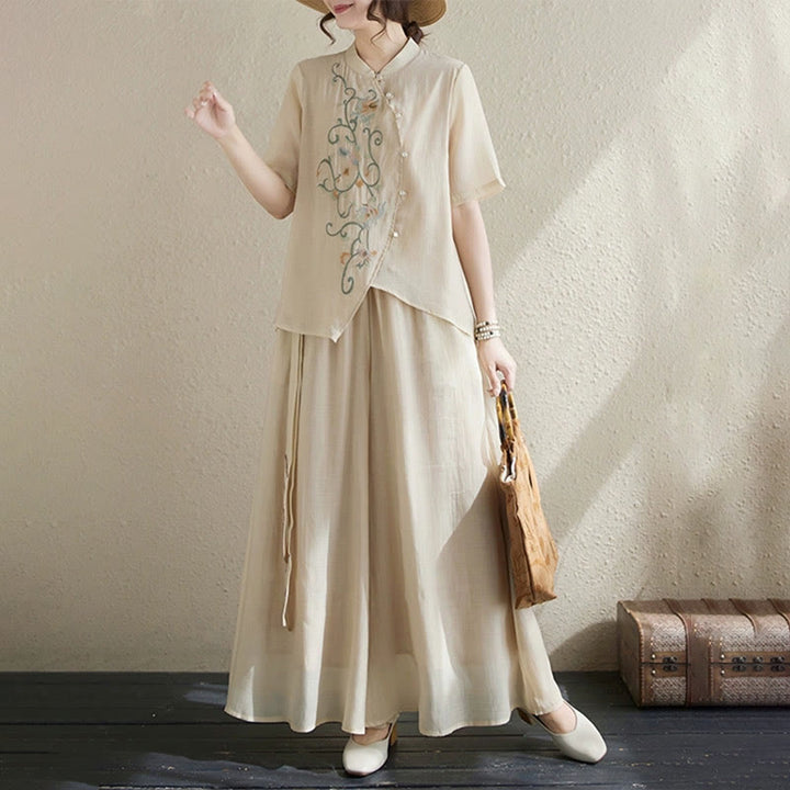 Buddha Stonesフラワー刺繍半袖Tシャツ ワイドレッグパンツ 2点セット