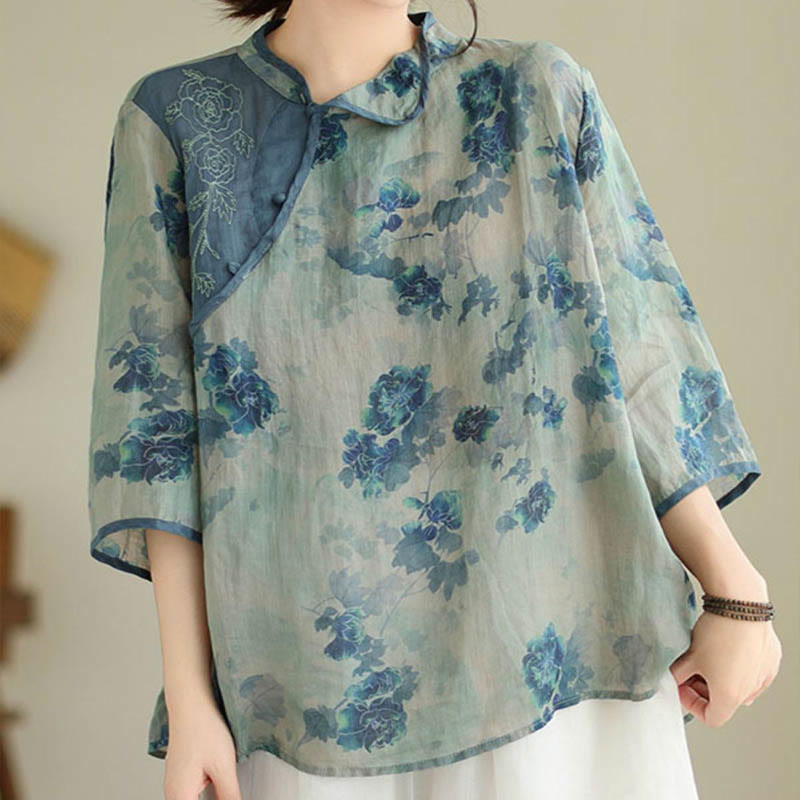 Buddha Stonesプラスサイズ ブルー ジャカランダ フラワー デザイン 七分袖 ラミー リネン シャツ - US16、 UK/AU20、 EU48 (3XL) - image 1