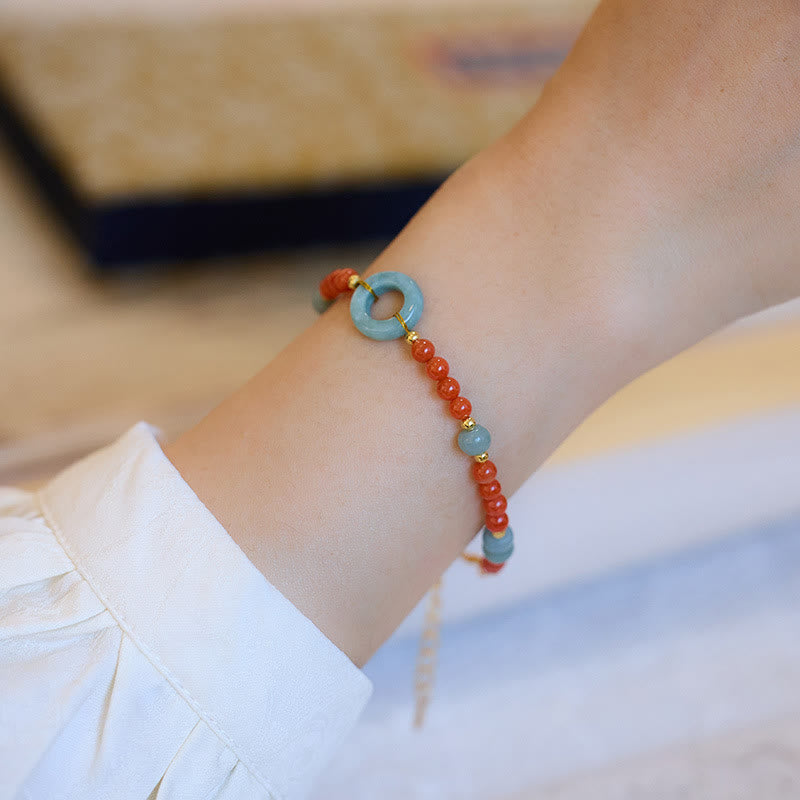 Buddha Stones 925スターリングシルバー 天然レッドアゲート 翡翠 ピースバックル 自信のブレスレット
