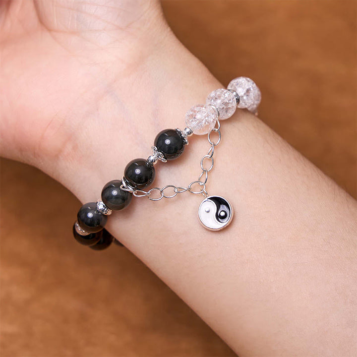 Buddha Stonesシルバーシーンオブシディアンクラックルクリアクォーツ ブラックルチルクォーツ 陰陽蓮華守護ブレスレット