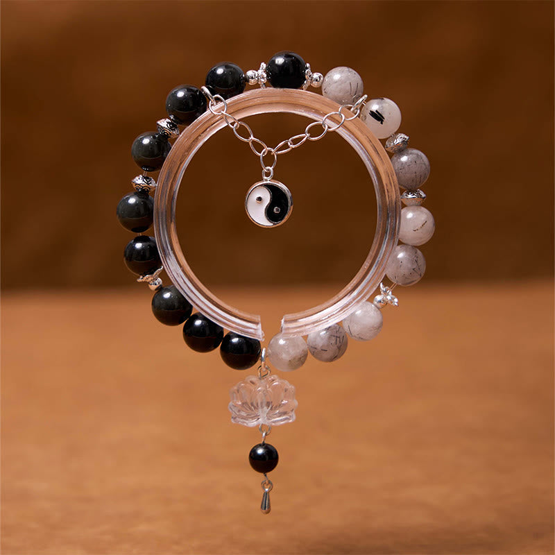 Buddha Stonesシルバーシーンオブシディアンクラックルクリアクォーツ ブラックルチルクォーツ 陰陽蓮華守護ブレスレット