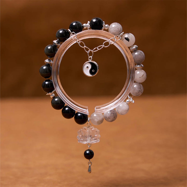 Buddha Stonesシルバーシーンオブシディアンクラックルクリアクォーツ ブラックルチルクォーツ 陰陽蓮華守護ブレスレット