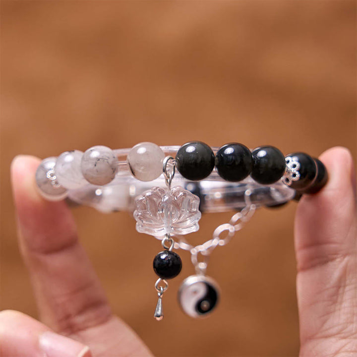 Buddha Stonesシルバーシーンオブシディアンクラックルクリアクォーツ ブラックルチルクォーツ 陰陽蓮華守護ブレスレット