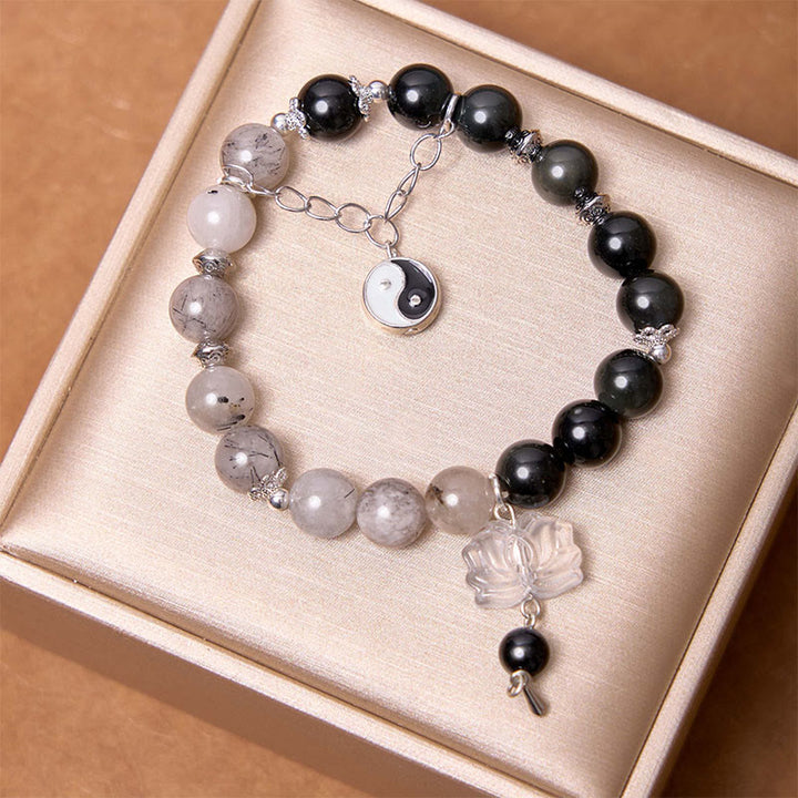 Buddha Stonesシルバーシーンオブシディアンクラックルクリアクォーツ ブラックルチルクォーツ 陰陽蓮華守護ブレスレット