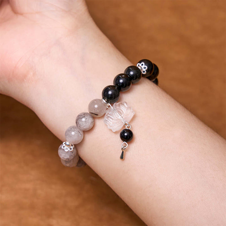 Buddha Stonesシルバーシーンオブシディアンクラックルクリアクォーツ ブラックルチルクォーツ 陰陽蓮華守護ブレスレット