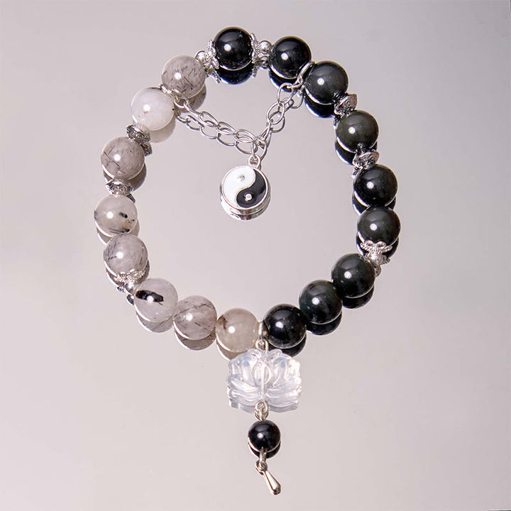 Buddha Stonesシルバーシーンオブシディアンクラックルクリアクォーツ ブラックルチルクォーツ 陰陽蓮華守護ブレスレット