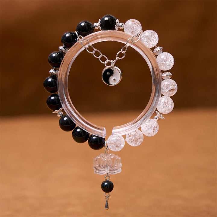 Buddha Stonesシルバーシーンオブシディアンクラックルクリアクォーツ ブラックルチルクォーツ 陰陽蓮華守護ブレスレット