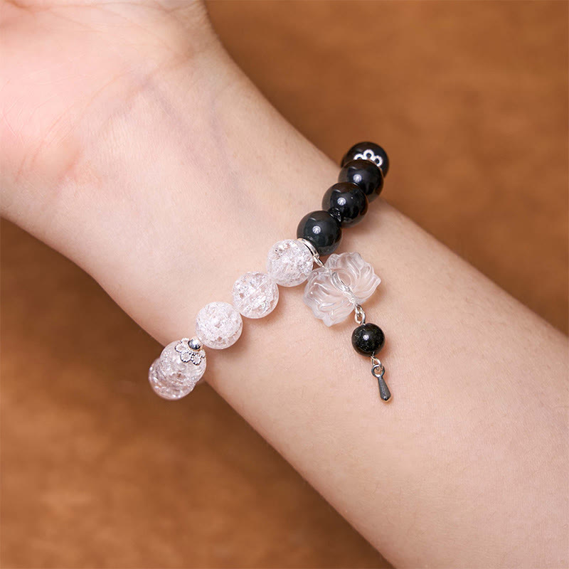 Buddha Stonesシルバーシーンオブシディアンクラックルクリアクォーツ ブラックルチルクォーツ 陰陽蓮華守護ブレスレット