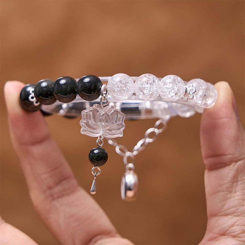 Buddha Stonesシルバーシーンオブシディアンクラックルクリアクォーツ ブラックルチルクォーツ 陰陽蓮華守護ブレスレット