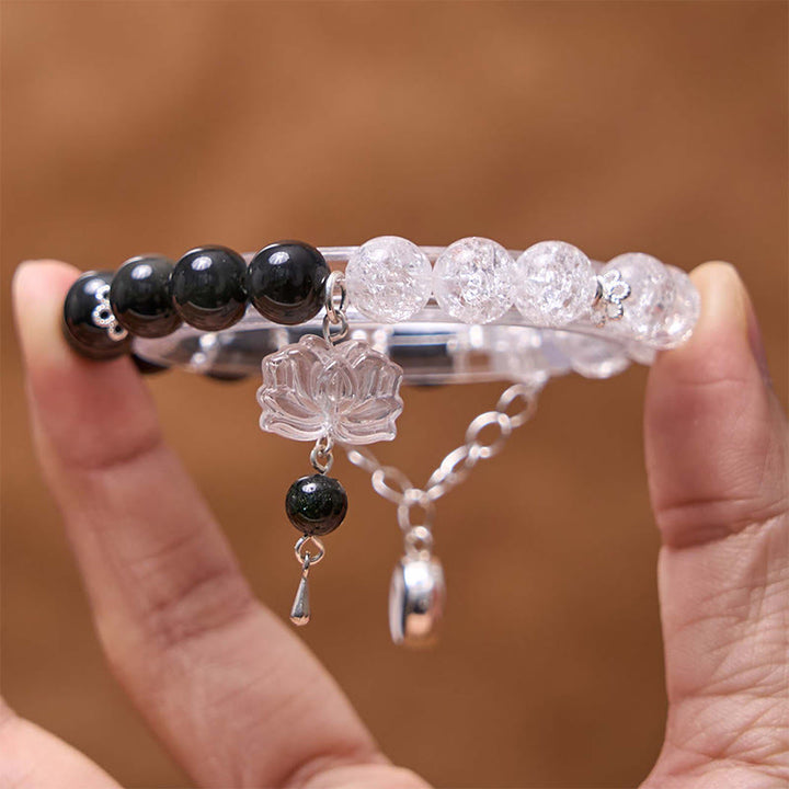 Buddha Stonesシルバーシーンオブシディアンクラックルクリアクォーツ ブラックルチルクォーツ 陰陽蓮華守護ブレスレット