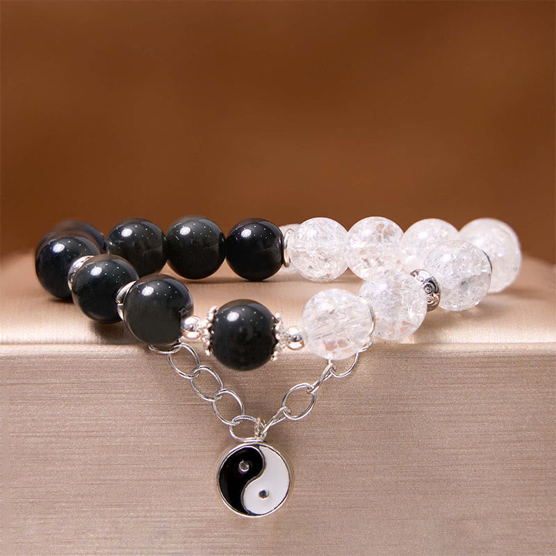 Buddha Stonesシルバーシーンオブシディアンクラックルクリアクォーツ ブラックルチルクォーツ 陰陽蓮華守護ブレスレット